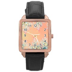 Peach Spring Frost On Flowers Fractal Rose Gold Leather Watch  by Artist4God