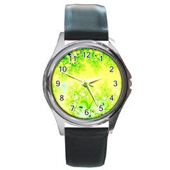 Sunny Spring Frost Fractal Round Leather Watch (silver Rim)