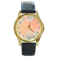 Peach Spring Frost On Flowers Fractal Round Leather Watch (gold Rim) 