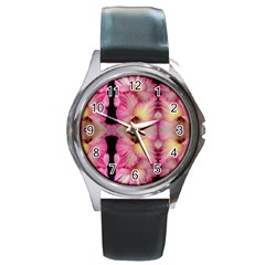 Pink Gladiolus Flowers Round Leather Watch (silver Rim) by Artist4God