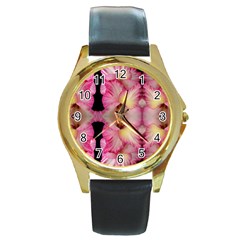 Pink Gladiolus Flowers Round Leather Watch (gold Rim) 