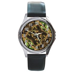 Artificial Tribal Jungle Print Round Leather Watch (silver Rim)