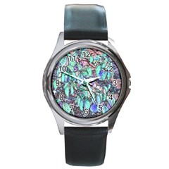 Colored Pencil Tree Leaves Drawing Round Leather Watch (silver Rim)