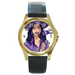 Purple Witch Round Leather Watch (gold Rim)  by FunWithFibro