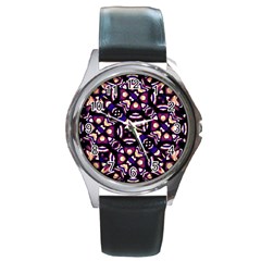 Colorful Tribal Pattern Print Round Leather Watch (silver Rim)