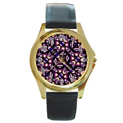 Colorful Tribal Pattern Print Round Leather Watch (gold Rim) 