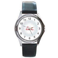 Halftone Circle With Squares Round Leather Watch (silver Rim)