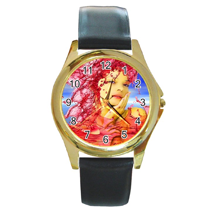 Tears Of Blood Round Leather Watch (Gold Rim) 