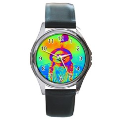 Sitting Bull Round Leather Watch (silver Rim) by icarusismartdesigns