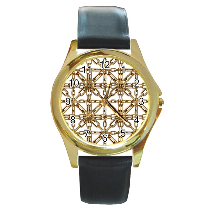 Chain Pattern Collage Round Leather Watch (Gold Rim) 