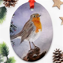 Robin On Log Oval Ornament (two Sides)