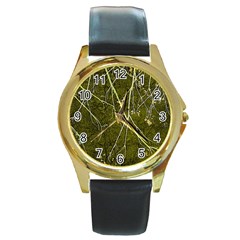 Wild Nature Collage Print Round Leather Watch (gold Rim)  by dflcprints