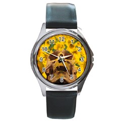 Sunflowers Round Leather Watch (silver Rim) by icarusismartdesigns