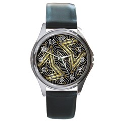 Geometric Tribal Golden Pattern Print Round Leather Watch (silver Rim)