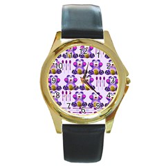 Fms Honey Bear With Spoons Round Leather Watch (gold Rim)  by FunWithFibro