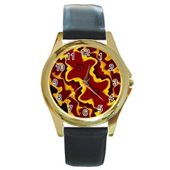 Tribal Summer Nightsdreams Pattern Round Leather Watch (gold Rim)  by dflcprints