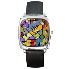 Multicolored Tribal Pattern Print Square Leather Watch by dflcprints