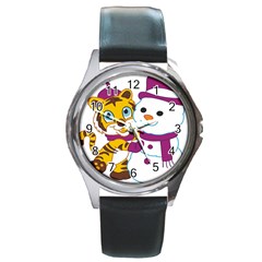 Winter Time Zoo Friends   004 Round Leather Watch (silver Rim) by Colorfulart23