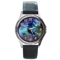 Catch A Falling Star Round Leather Watch (silver Rim) by icarusismartdesigns