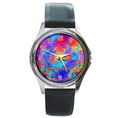 Colour Chaos  Round Leather Watch (silver Rim) by icarusismartdesigns