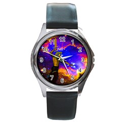 Star Fighter Round Leather Watch (silver Rim) by icarusismartdesigns