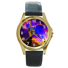 Star Fighter Round Leather Watch (gold Rim)  by icarusismartdesigns