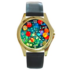 A Dream Of Bubbles Round Leather Watch (gold Rim)  by sirhowardlee