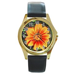 Flower In A Parking Lot Round Leather Watch (gold Rim)  by sirhowardlee