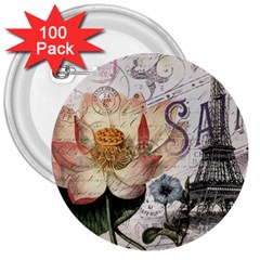 Vintage Paris Eiffel Tower Floral 3  Button (100 Pack) by chicelegantboutique