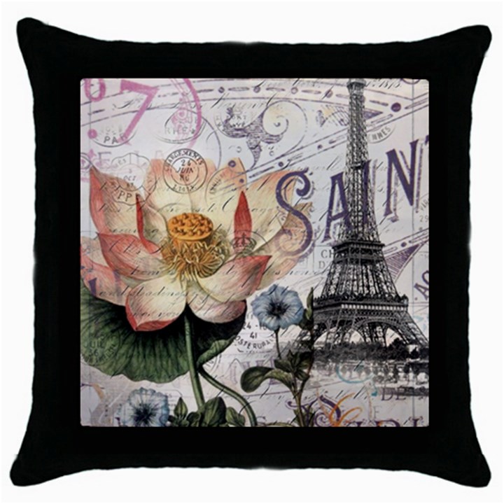 Vintage Paris Eiffel Tower Floral Black Throw Pillow Case