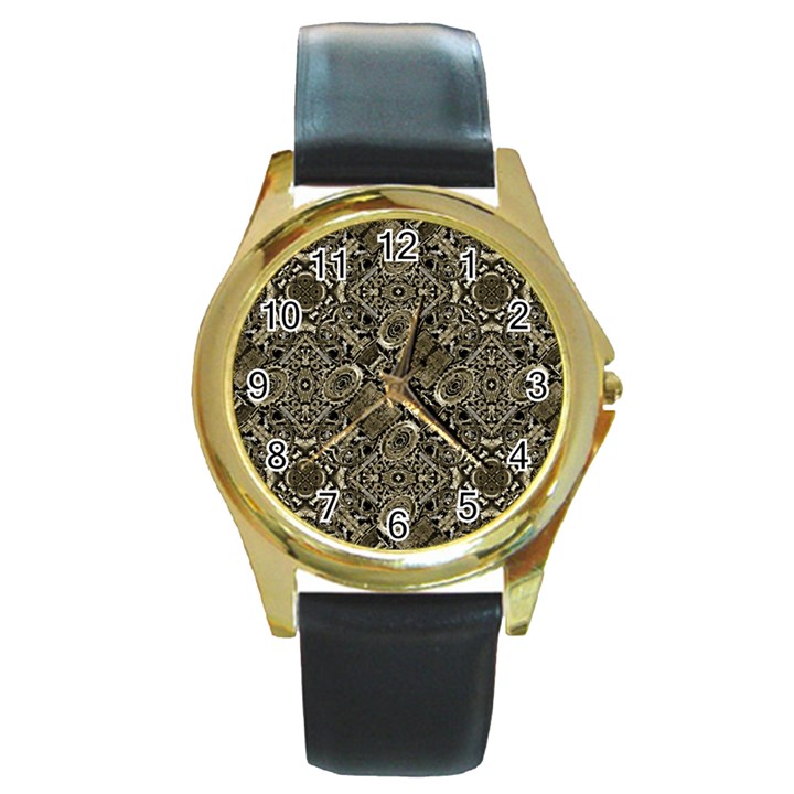 Steam Punk Pattern Print Round Leather Watch (Gold Rim) 