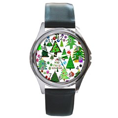 Oh Christmas Tree Round Leather Watch (silver Rim) by StuffOrSomething