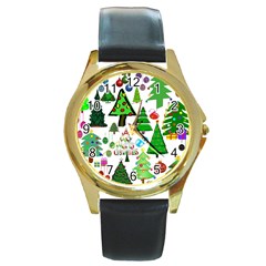 Oh Christmas Tree Round Leather Watch (Gold Rim) 