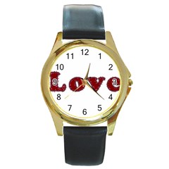 Love Typography Text Word Round Leather Watch (gold Rim)  by dflcprints