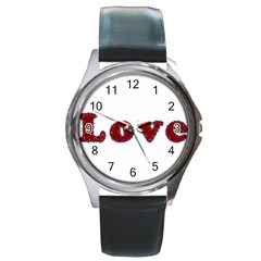 Love Typography Text Word Round Leather Watch (silver Rim) by dflcprints