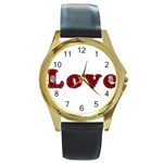 Love Typography Text Word Round Leather Watch (Gold Rim)  Front