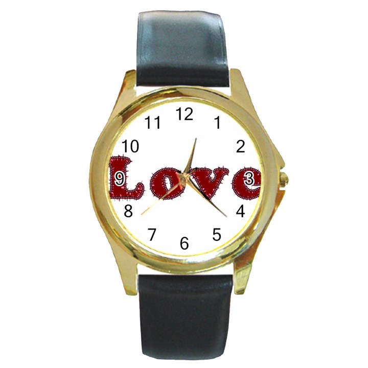 Love Typography Text Word Round Leather Watch (Gold Rim) 