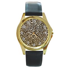 Chocolate Leopard  Round Leather Watch (gold Rim)  by OCDesignss