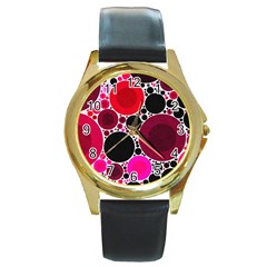 Retro Polka Dot  Round Leather Watch (gold Rim)  by OCDesignss