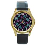 Ornate Dark Pattern  Round Leather Watch (Gold Rim)  Front