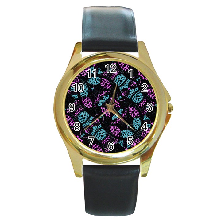 Ornate Dark Pattern  Round Leather Watch (Gold Rim) 