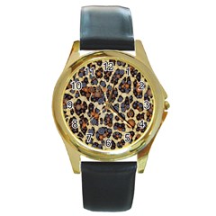 Cheetah Abstract Round Leather Watch (gold Rim)  by OCDesignss