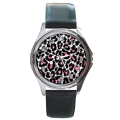 Pink Cheetah Bling Round Leather Watch (silver Rim) by OCDesignss