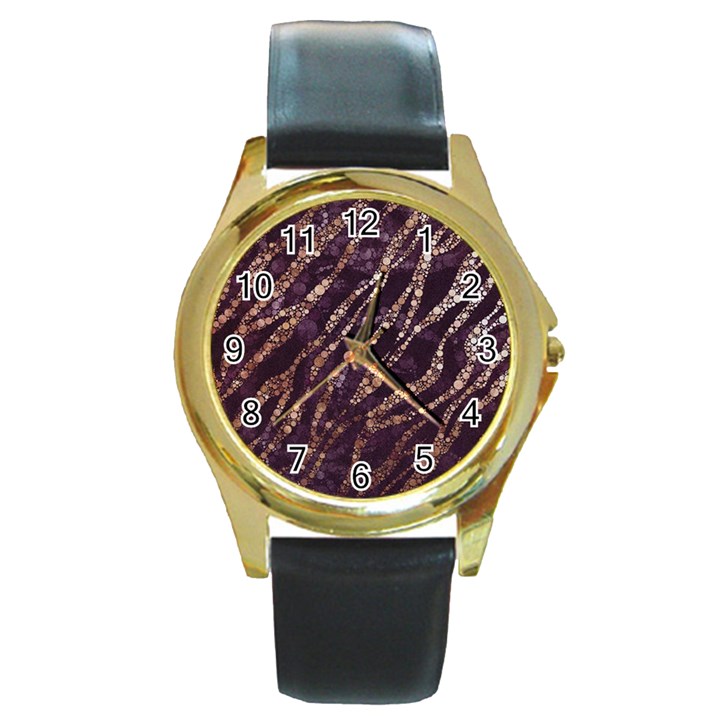 Lavender Gold Zebra  Round Leather Watch (Gold Rim) 