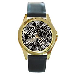 Crazy Animal Print  Round Leather Watch (gold Rim)  by OCDesignss