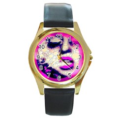 Lady With A Attitude  Round Leather Watch (gold Rim)  by OCDesignss