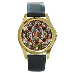 Crazy Abstract  Round Leather Watch (gold Rim)  by OCDesignss