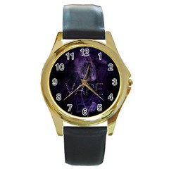 Vape Purple Smoke  Round Leather Watch (gold Rim)  by OCDesignss