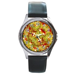 Christmas Print Motif Round Leather Watch (silver Rim) by dflcprints