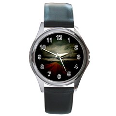 Dark Empty Road Round Leather Watch (silver Rim) by dflcprints